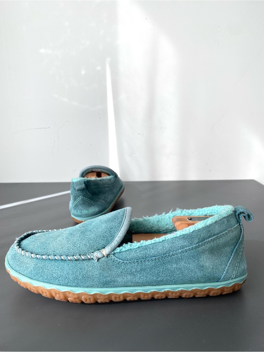 L.L. Bean Teal Suede Moccasin Slippers Sz 8 American Casual Comfy Cozy Gorpcore